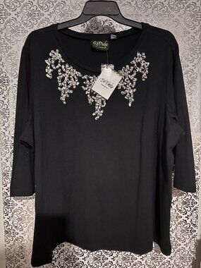 NWT Bob Mackie Wearable Art Seashell Conch Embroidered Black Top - 3XL Plus Size
